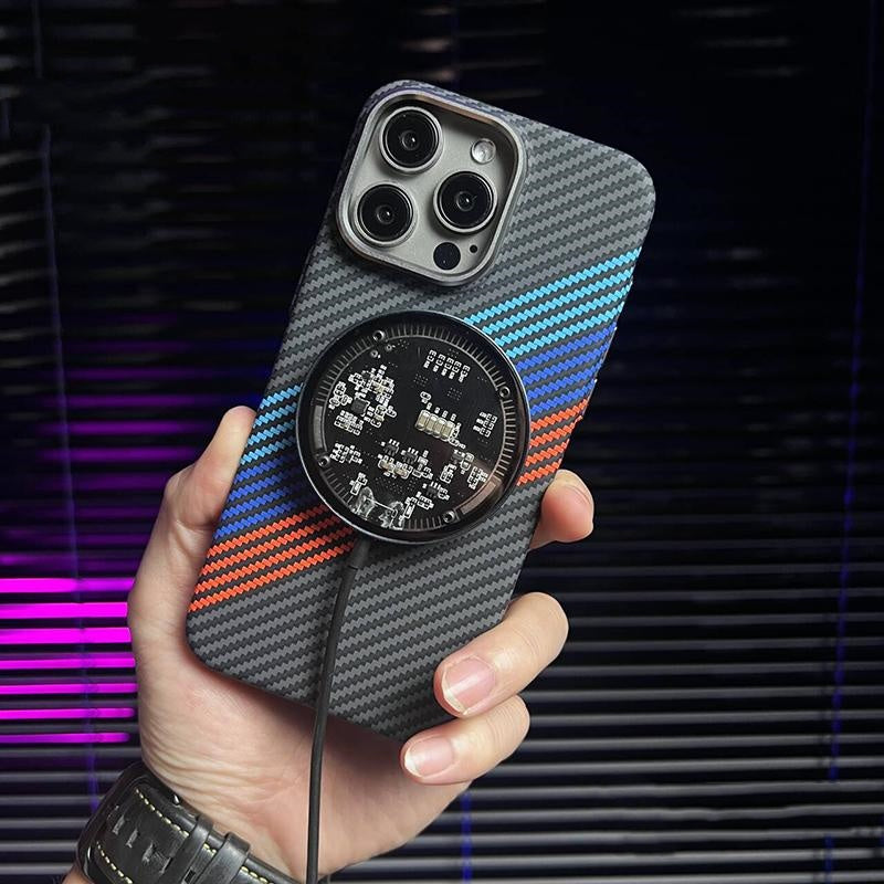 Carbon Fiber MagSafe Compatible Phone Case with Tri-Color Design