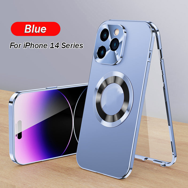 Double-sided magnetic phone case with electroplated glass