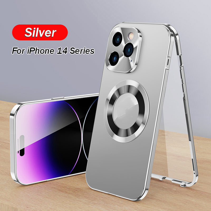 Double-sided magnetic phone case with electroplated glass